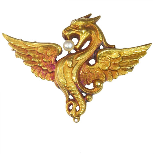 Antique French Gold Griffin Brooch with Pearl