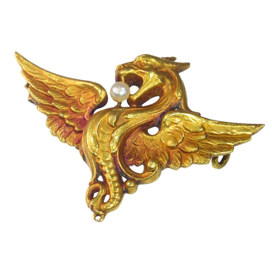 Antique French Gold Griffin Brooch with Pearl