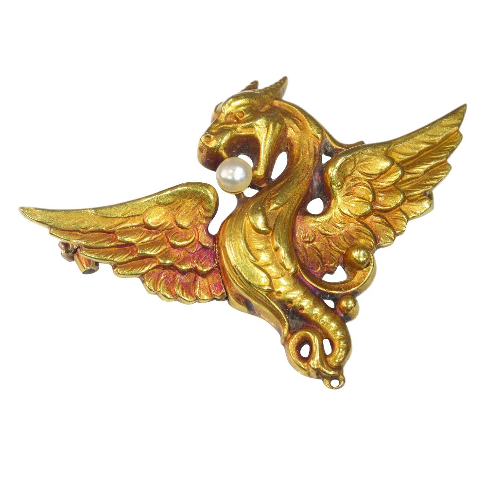 Antique French Gold Griffin Brooch with Pearl