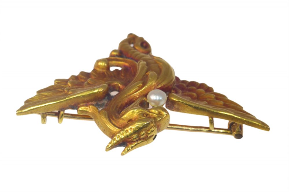 Antique French Gold Griffin Brooch with Pearl