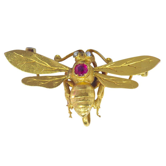Antique French Ruby and Pearl Bumblebee Brooch