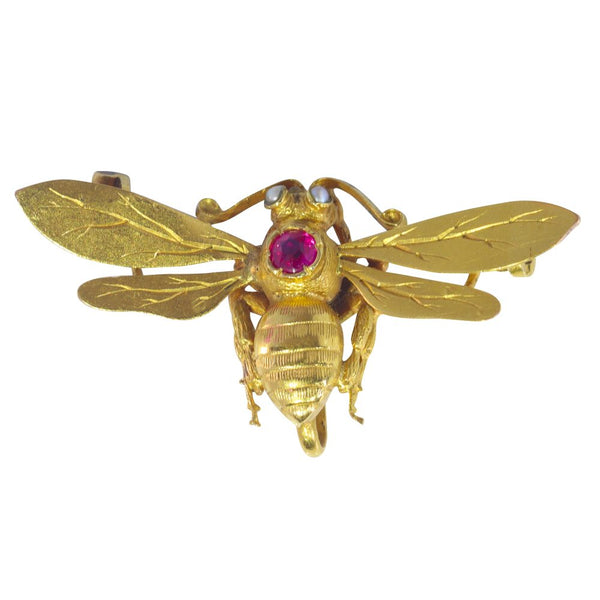 Antique French Ruby and Pearl Bumblebee Brooch