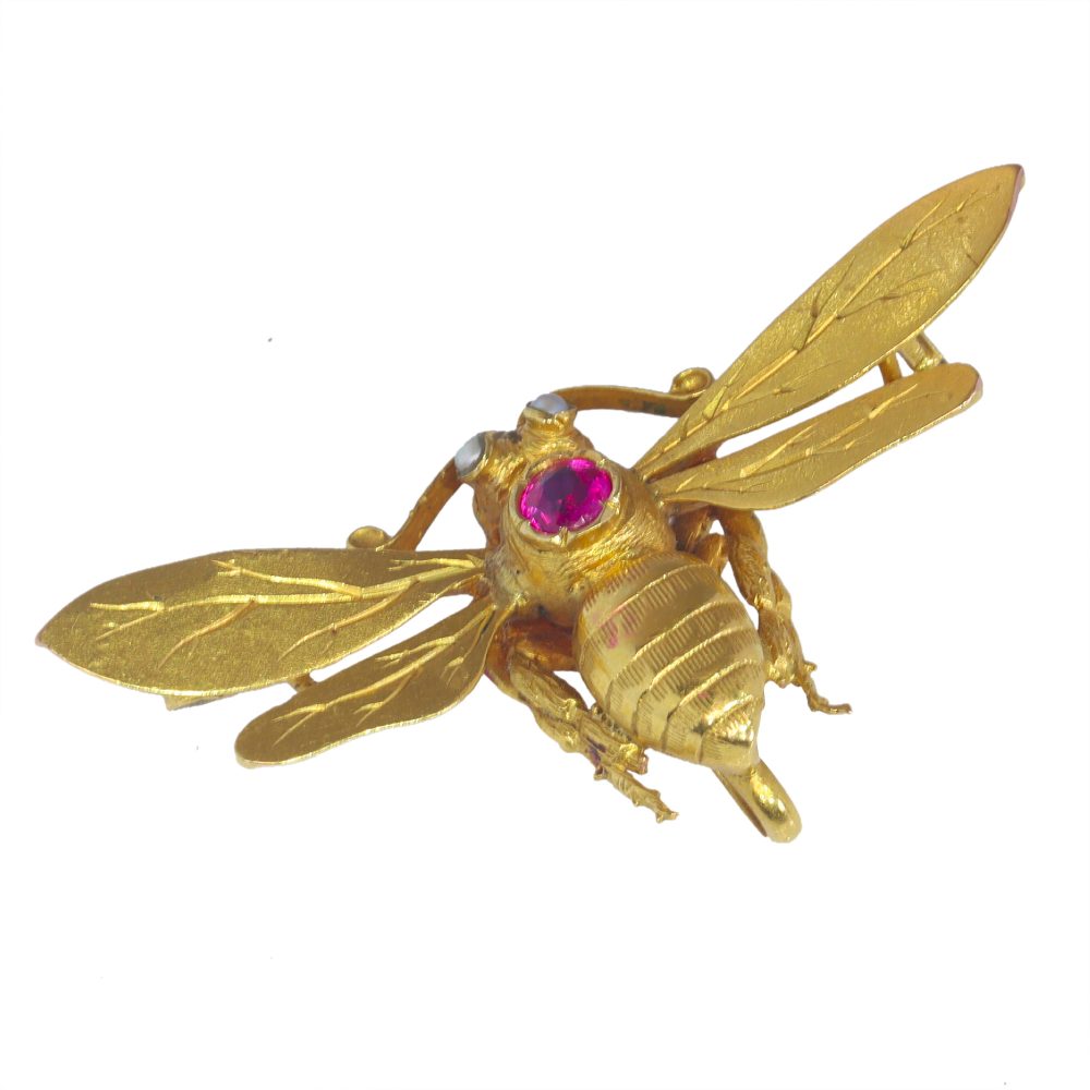 Antique French Ruby and Pearl Bumblebee Brooch