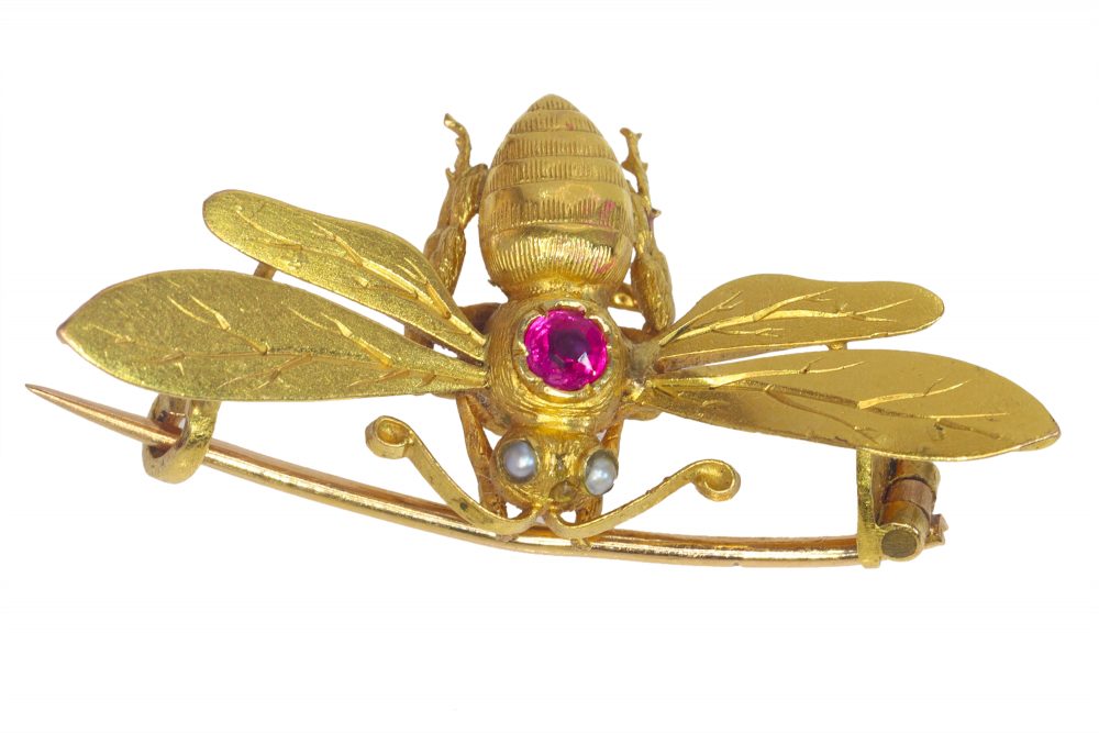Antique French Ruby and Pearl Bumblebee Brooch