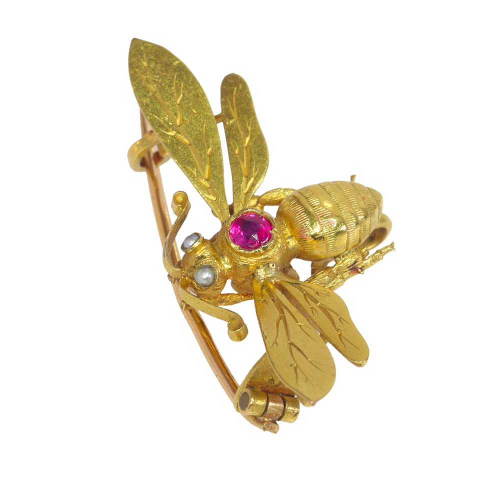Antique French Ruby and Pearl Bumblebee Brooch