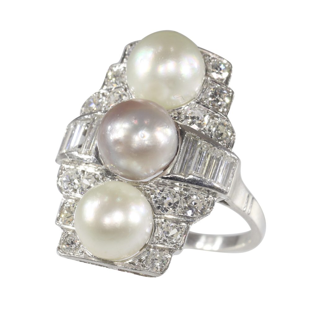 Antique pearl and diamond panel ring