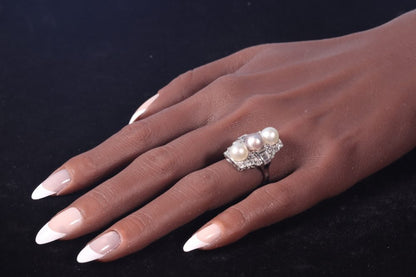 Art Deco Pearl and Old Mine Cut Diamond Panel Ring
