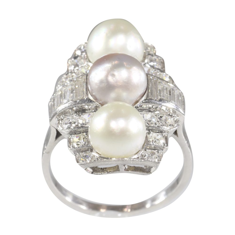 Art Deco Pearl and Old Mine Cut Diamond Panel Ring