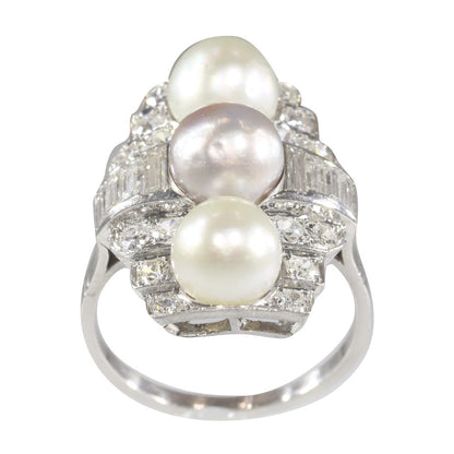 Art Deco Pearl and Old Mine Cut Diamond Panel Ring