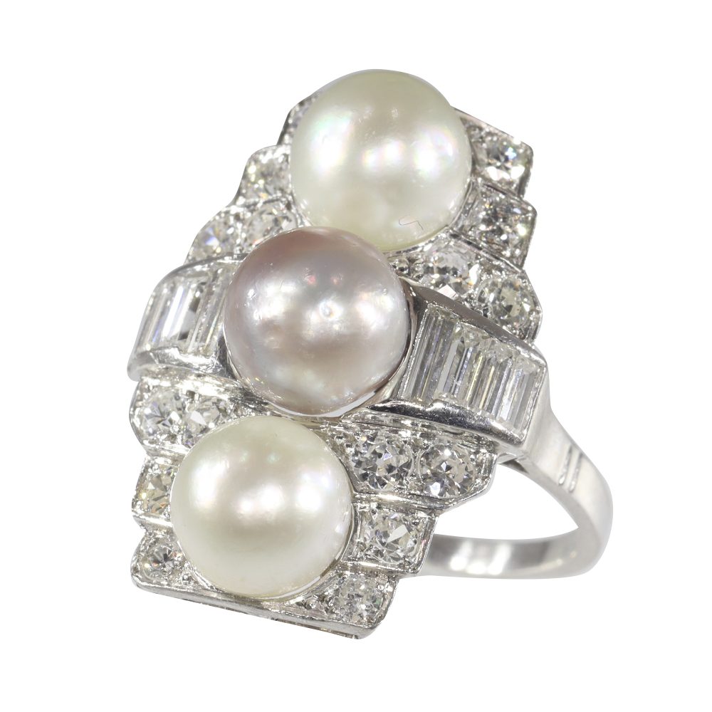 Art Deco Pearl and Old Mine Cut Diamond Panel Ring