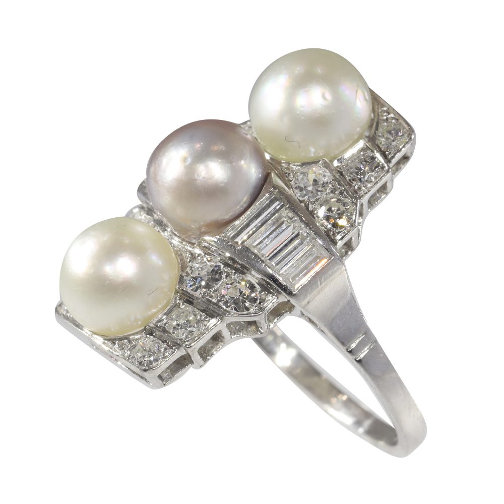Art Deco Pearl and Old Mine Cut Diamond Panel Ring