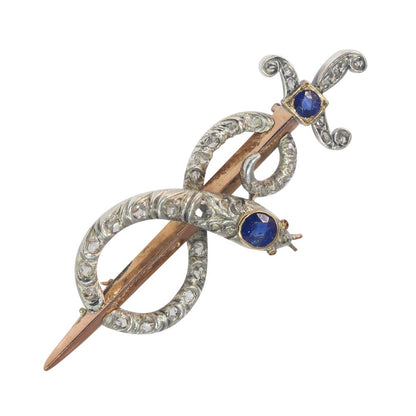 Victorian Sapphire and Diamond Snake and Dagger Brooch