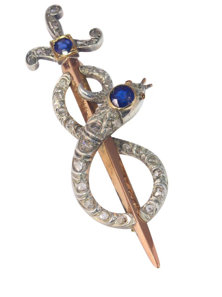 Victorian Sapphire and Diamond Snake and Dagger Brooch