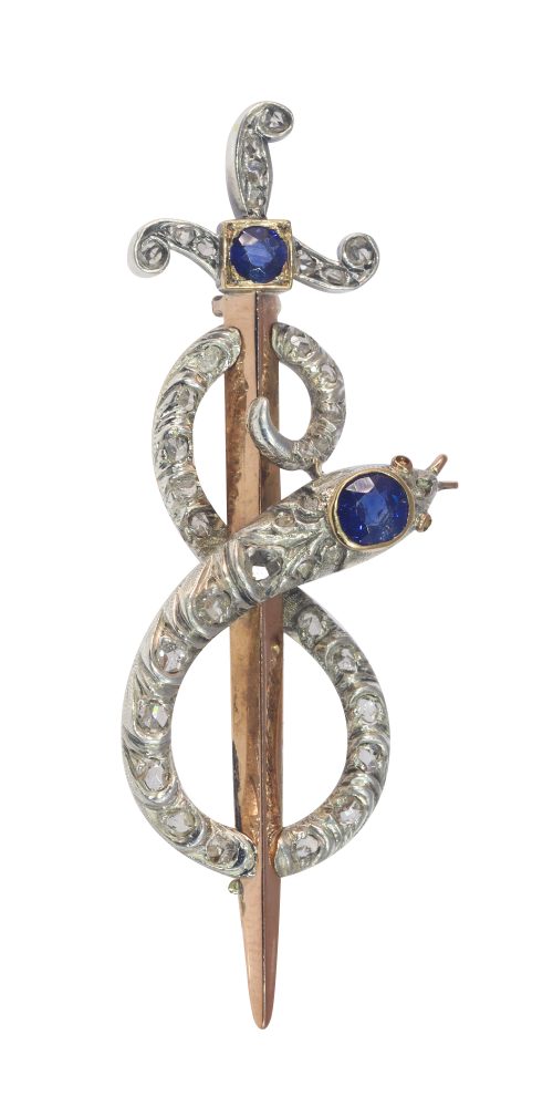Victorian Sapphire and Diamond Snake and Dagger Brooch