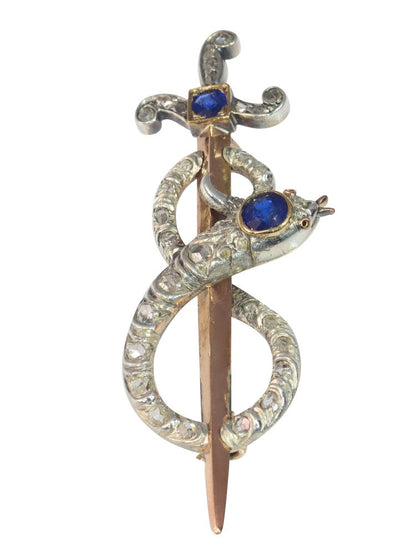 Victorian Sapphire and Diamond Snake and Dagger Brooch