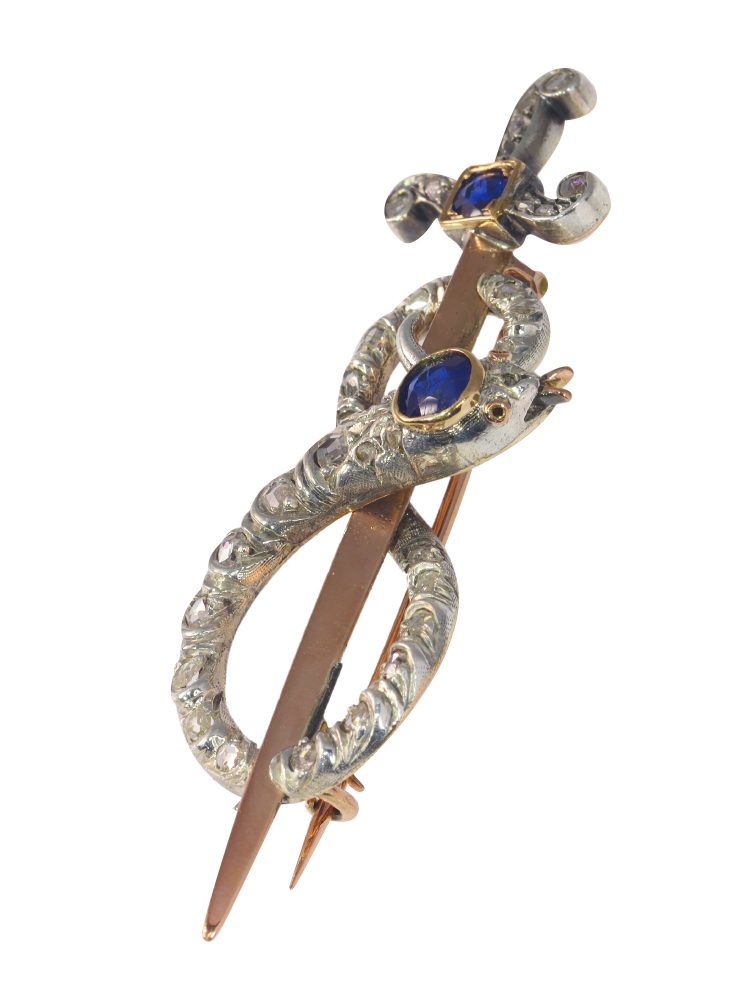 Victorian Sapphire and Diamond Snake and Dagger Brooch