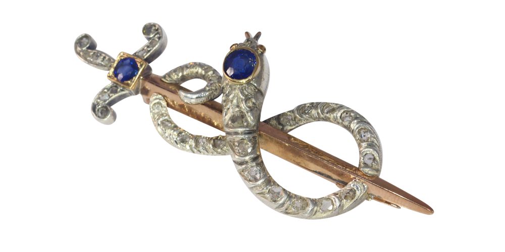 Victorian Sapphire and Diamond Snake and Dagger Brooch