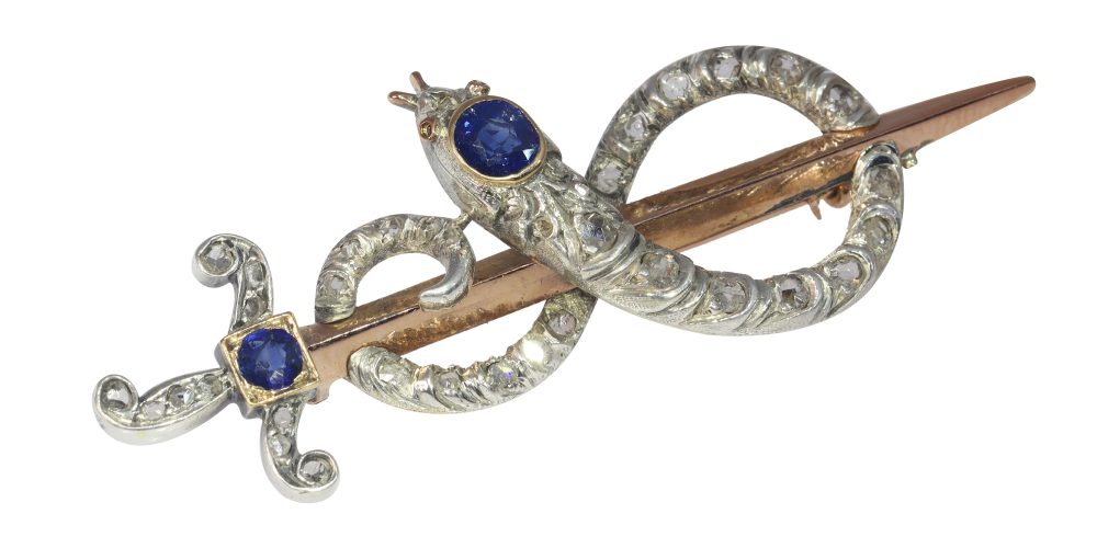 Victorian Sapphire and Diamond Snake and Dagger Brooch