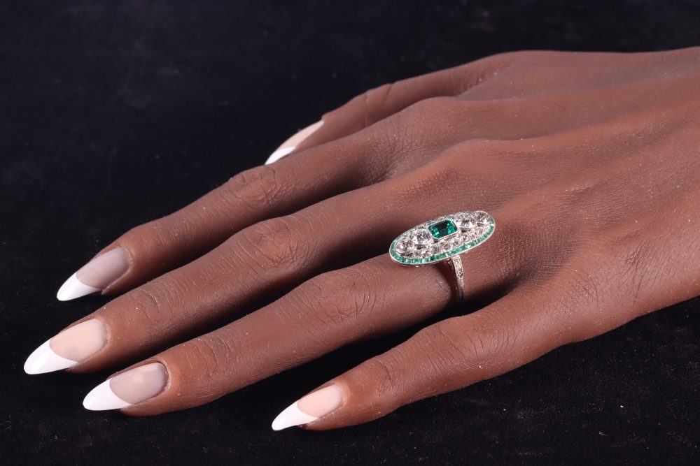 Art Deco Colombian Emerald and Diamond Panel Dress Ring
