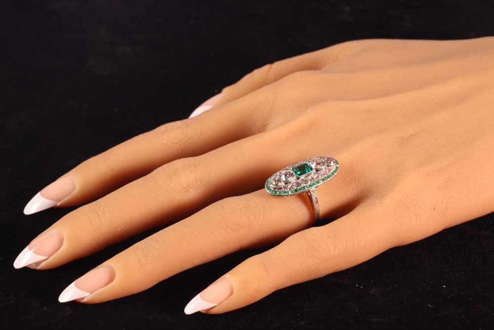Art Deco Colombian Emerald and Diamond Panel Dress Ring