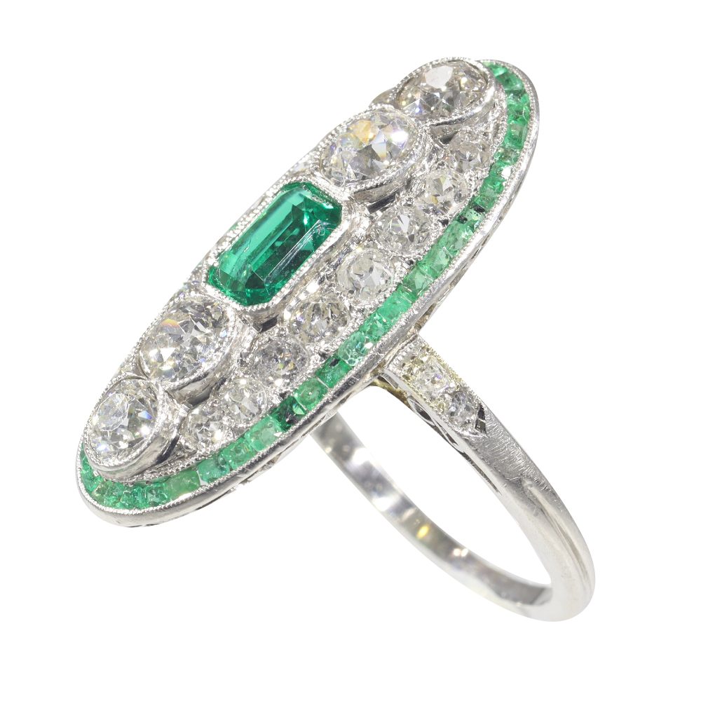 Art Deco Colombian Emerald and Diamond Panel Dress Ring