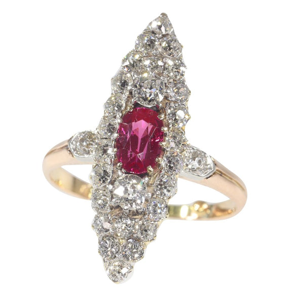 Antique Victorian Ruby and 1.50ct Diamond Navette Cluster Ring