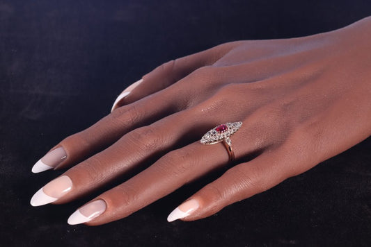 Antique Victorian Ruby and 1.50ct Diamond Navette Cluster Ring
