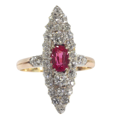 Antique Victorian Ruby and 1.50ct Diamond Navette Cluster Ring