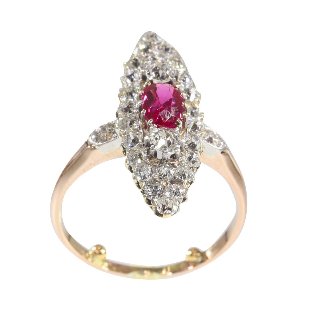 Antique Victorian Ruby and 1.50ct Diamond Navette Cluster Ring