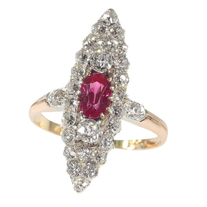 Antique Victorian Ruby and 1.50ct Diamond Navette Cluster Ring