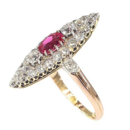 Antique Victorian Ruby and 1.50ct Diamond Navette Cluster Ring