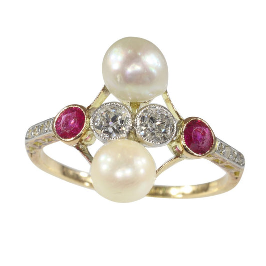 Art Deco Antique Pearl Diamond Ruby Ring