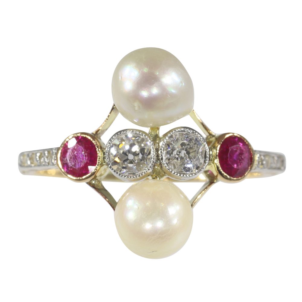 Art Deco Antique Pearl Diamond Ruby Ring