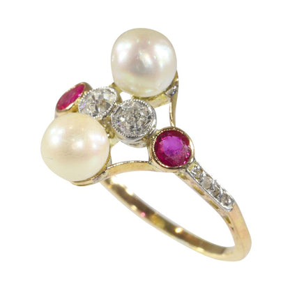 Art Deco Antique Pearl Diamond Ruby Ring