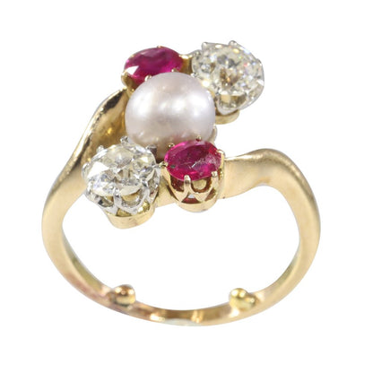 Antique Art Nouveau Natural Pearl Ruby Diamond Ring