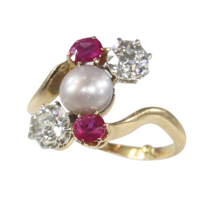 Antique Art Nouveau Natural Pearl Ruby Diamond Ring