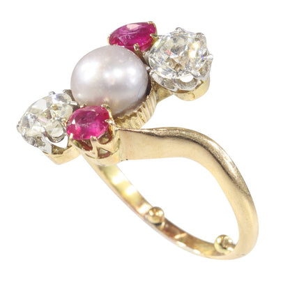 Antique Art Nouveau Natural Pearl Ruby Diamond Ring