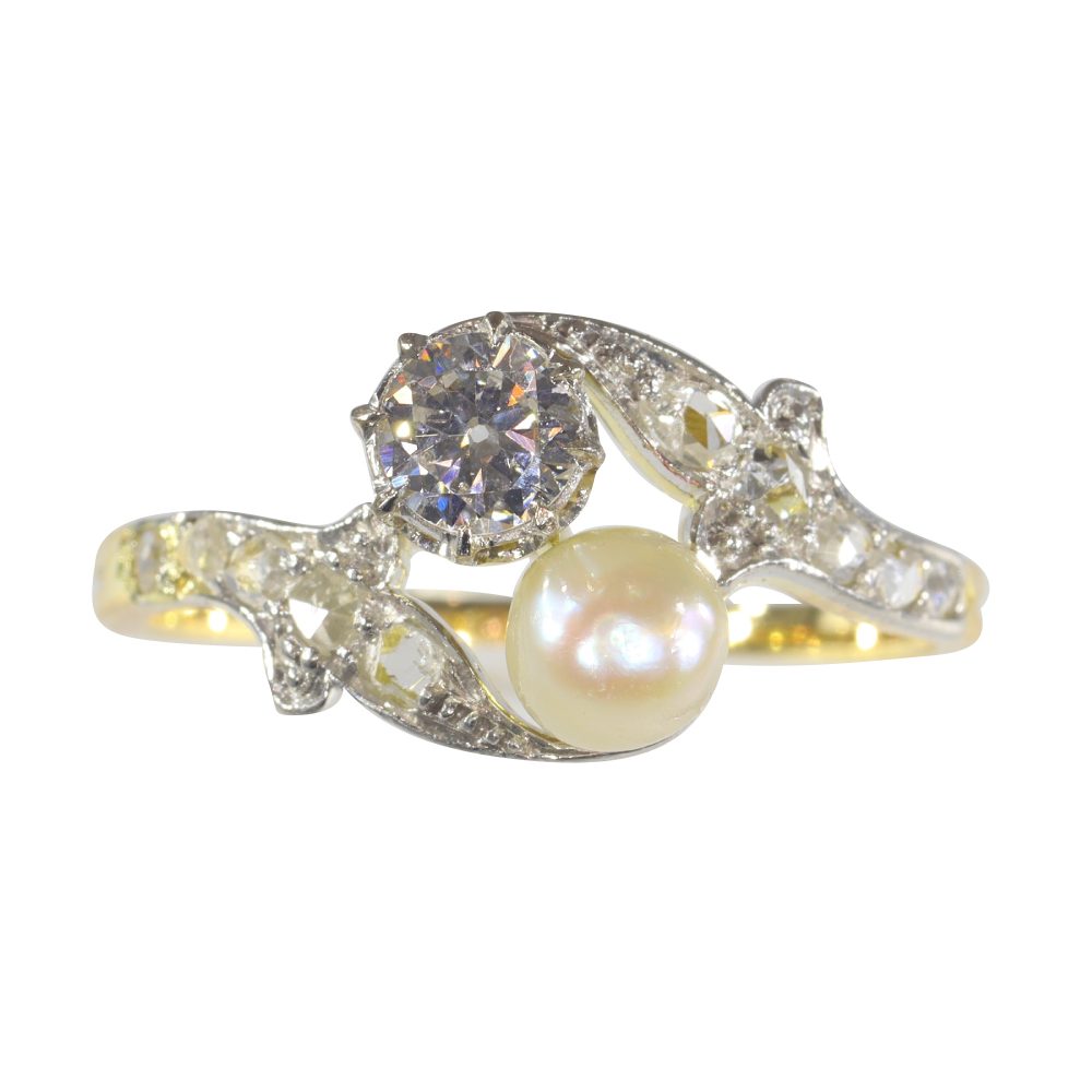 Antique Belle Epoque Diamond and Pearl Toi et Moi Ring