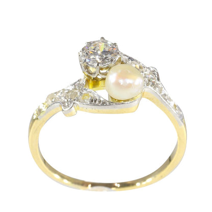 Antique Belle Epoque Diamond and Pearl Toi et Moi Ring