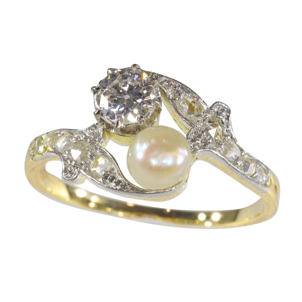 Antique Belle Epoque Diamond and Pearl Toi et Moi Ring