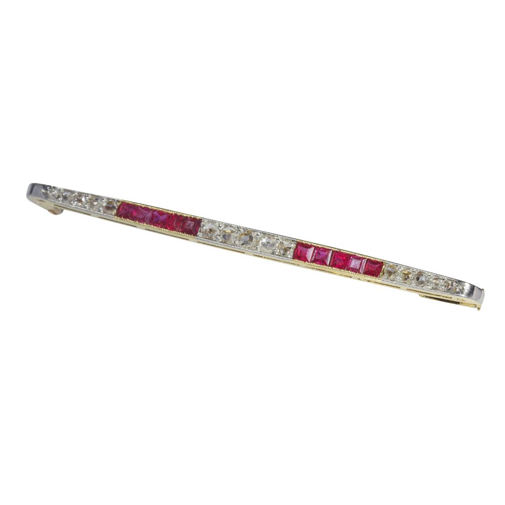Art Deco Antique Ruby and Diamond Bar Brooch