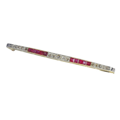 Art Deco Antique Ruby and Diamond Bar Brooch