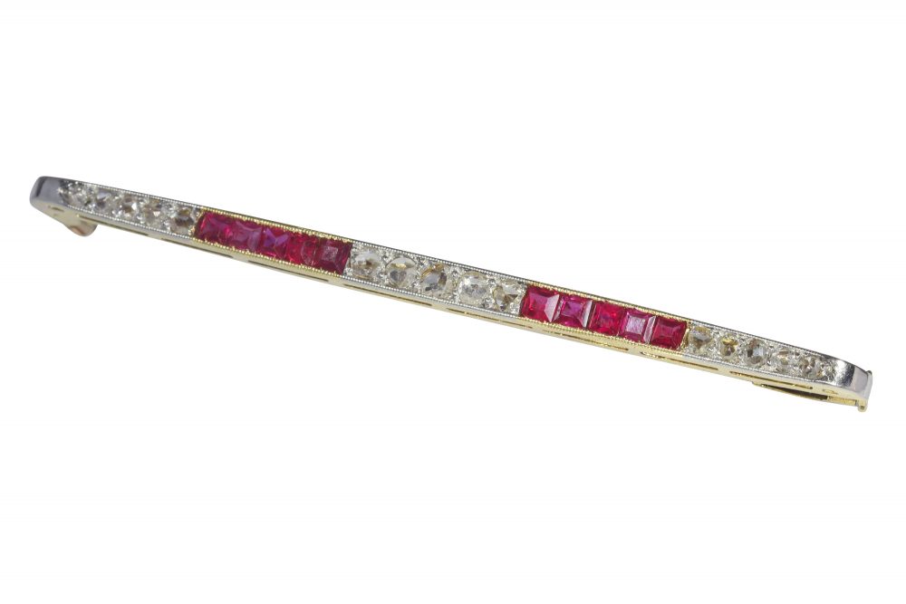 Art Deco Antique Ruby and Diamond Bar Brooch