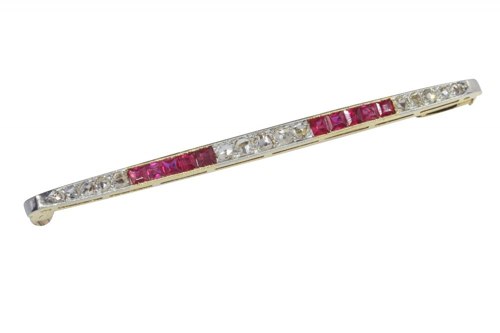 Art Deco Antique Ruby and Diamond Bar Brooch