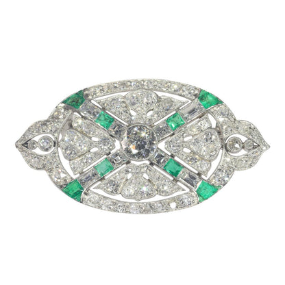 Art Deco Antique 6.80ct Diamond and Emerald Oval Brooch