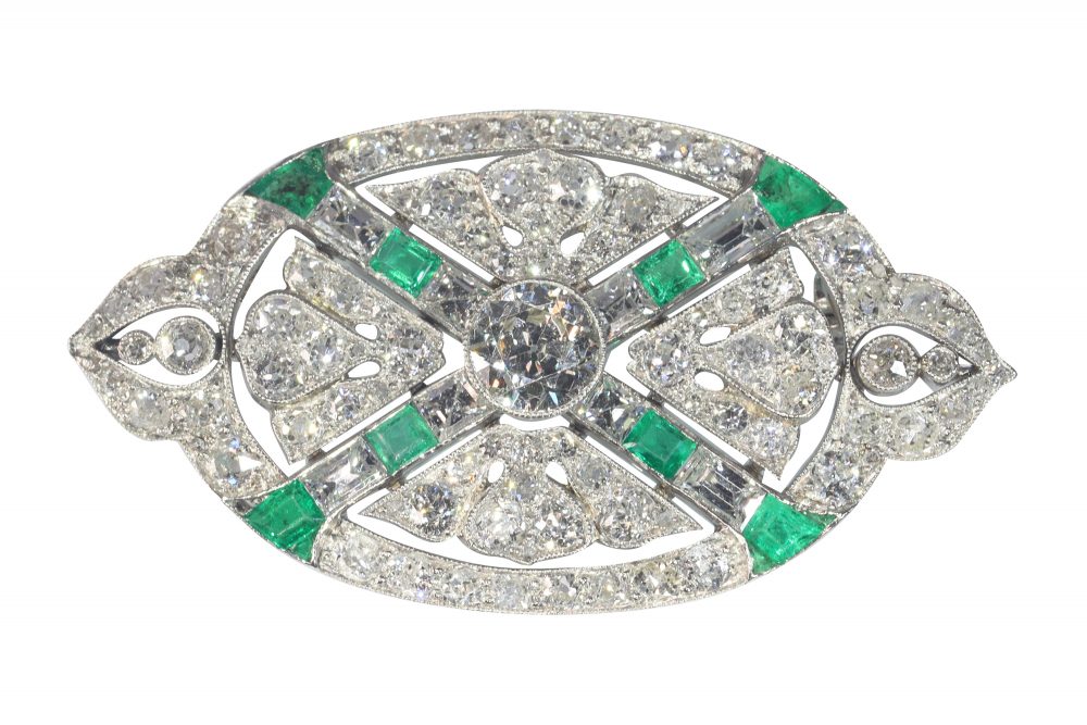Art Deco Antique 6.80ct Diamond and Emerald Oval Brooch
