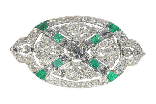 Art Deco Antique 6.80ct Diamond and Emerald Oval Brooch