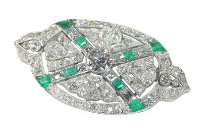 Art Deco Antique 6.80ct Diamond and Emerald Oval Brooch