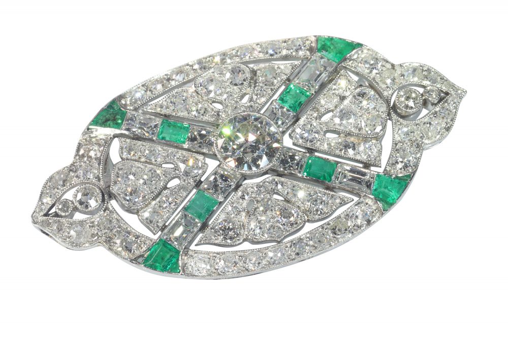 Art Deco Antique 6.80ct Diamond and Emerald Oval Brooch
