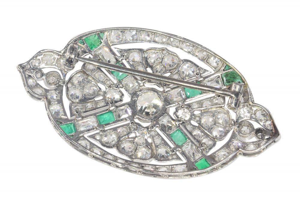 Art Deco Antique 6.80ct Diamond and Emerald Oval Brooch